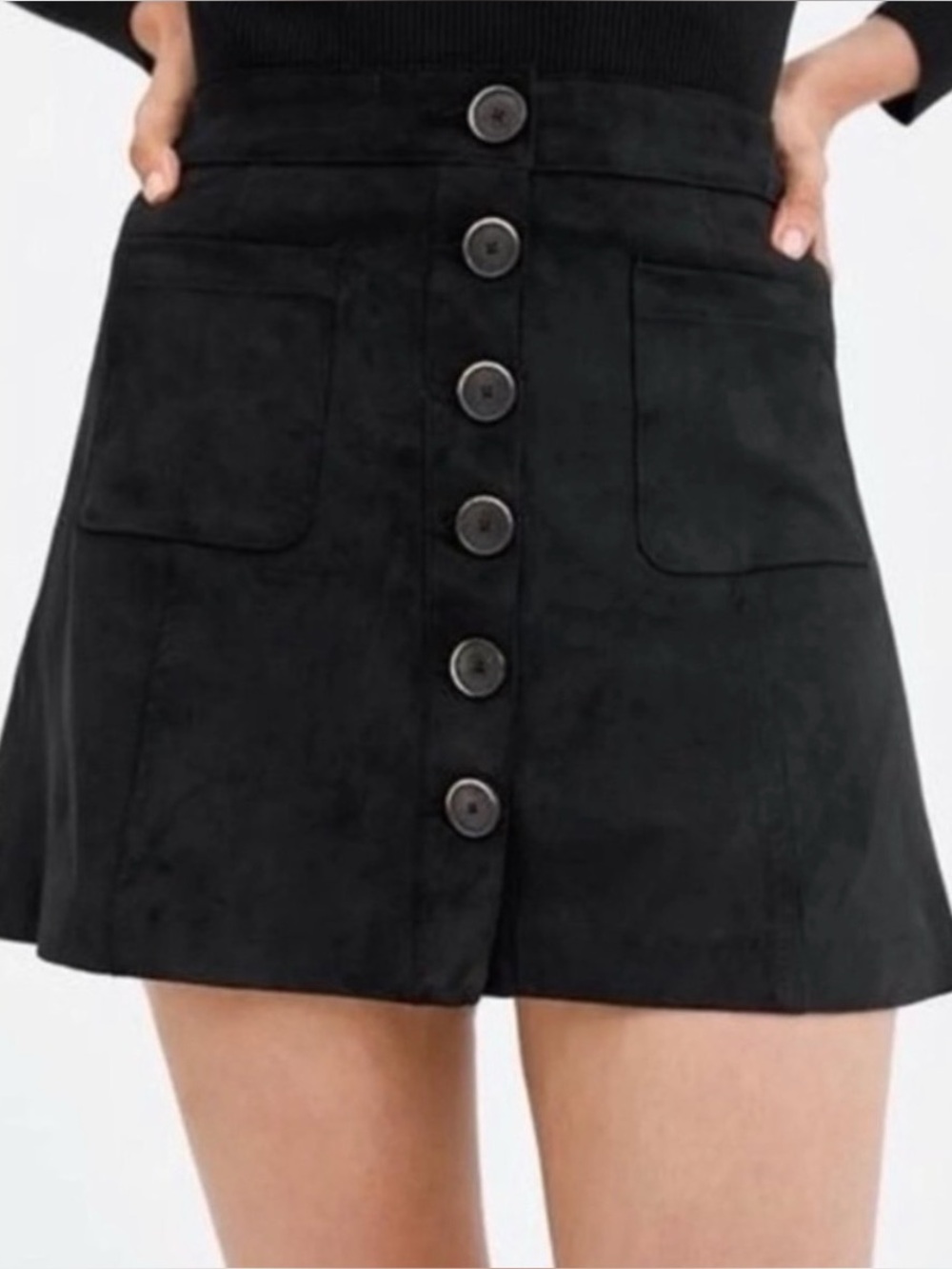 ZARA TRF Black Faux Suede Button Up Mini Skirt Front Pockets Size S